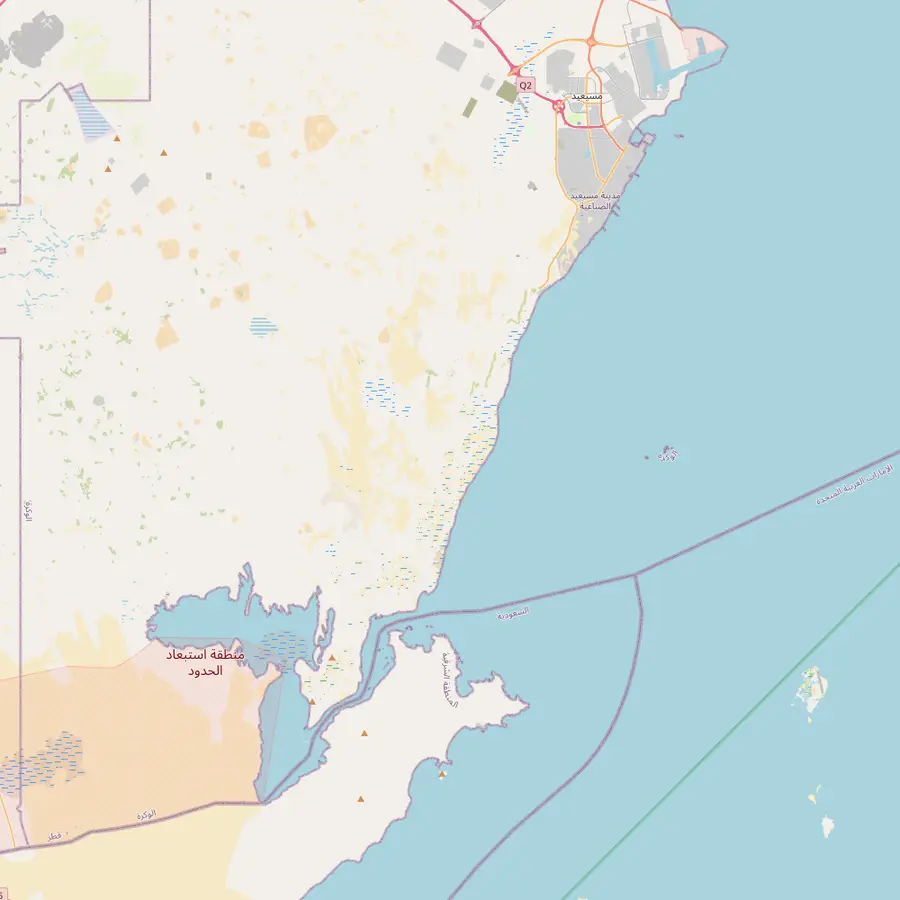 Map of the coast from Sealine Beach south through the dunes to the Khor Al Adaid lagoon and Inland Sea Beach on the Saudi border