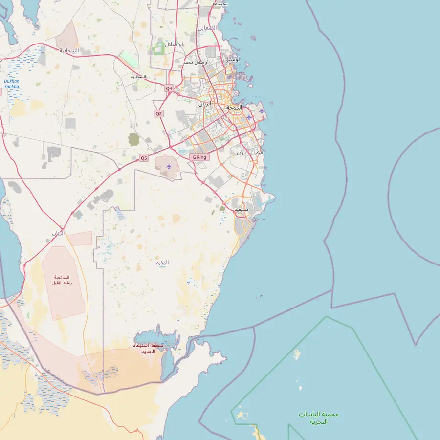 Map of eastern Qatar from National Museum metro station in Doha south past Mesaieed and Sealine Beach to Khor Al Adaid and the Inland Sea